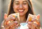 Person joyfully managing coins and bills.