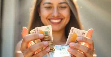 Person joyfully managing coins and bills.