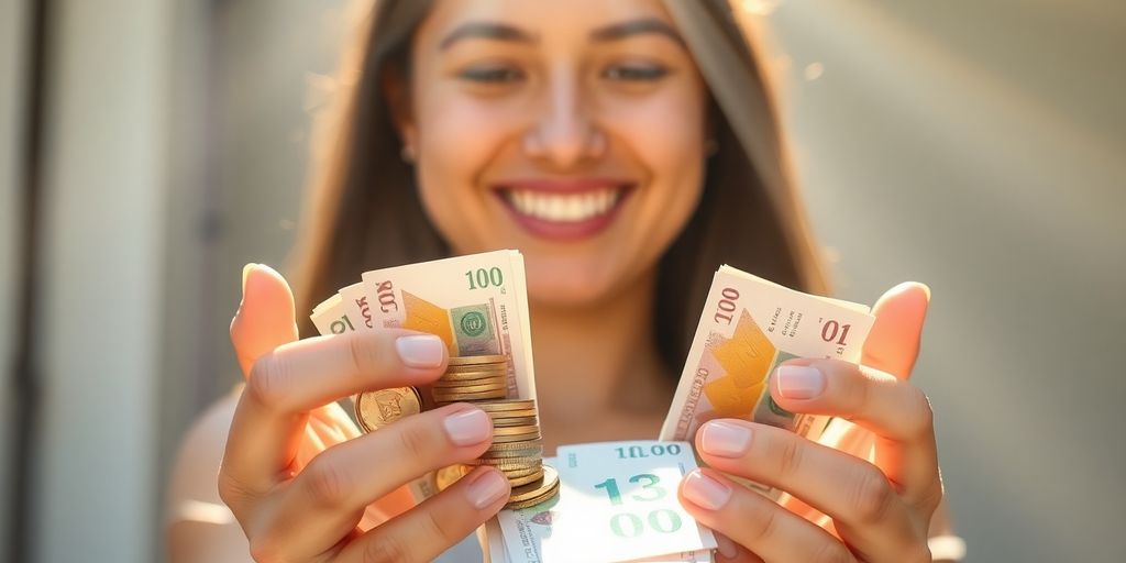 Person joyfully managing coins and bills.