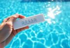 Pool test kit, vibrant blue water, Aussie sunshine.