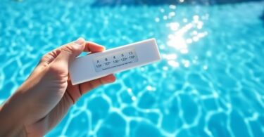 Pool test kit, vibrant blue water, Aussie sunshine.