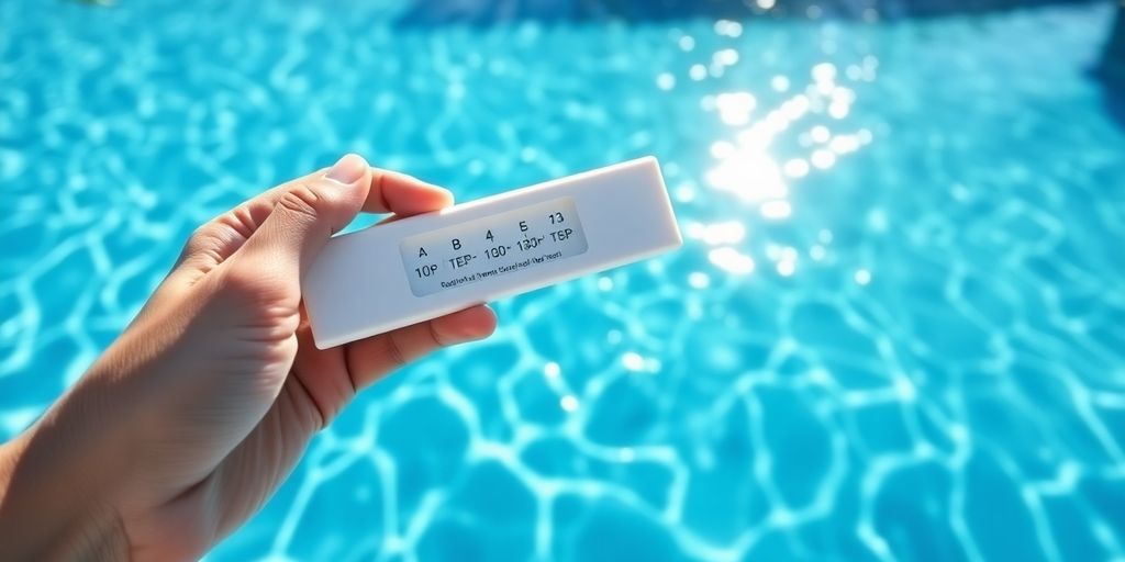 Pool test kit, vibrant blue water, Aussie sunshine.