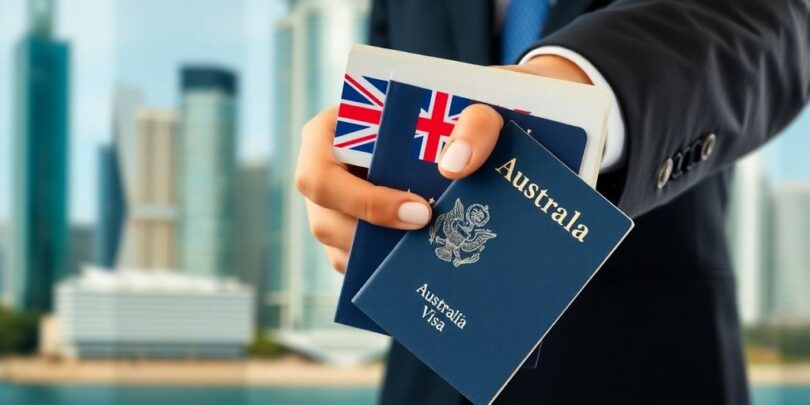 Australian flag with visa document.