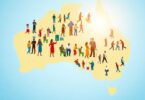 Aussie map, healthy people, sunlit, vibrant.