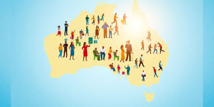 Aussie map, healthy people, sunlit, vibrant.