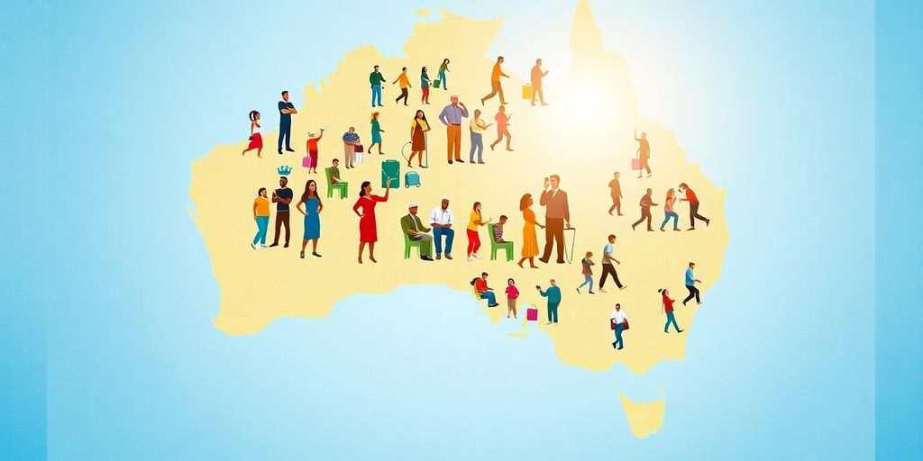 Aussie map, healthy people, sunlit, vibrant.