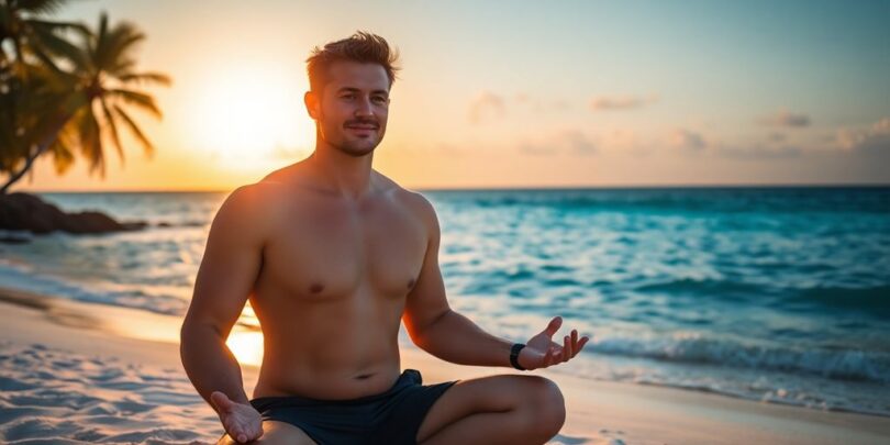 Bloke meditating on beach, Australian coast, sunrise