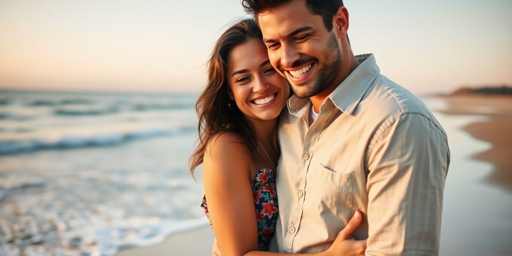 Happy Aussie couple on a romantic beach date.