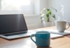 Woman working from a cozy home office.