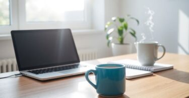 Woman working from a cozy home office.