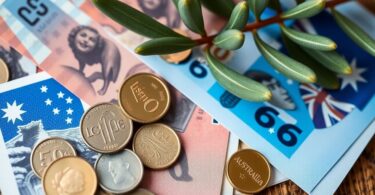 Australian coins and banknotes with a leafy branch.