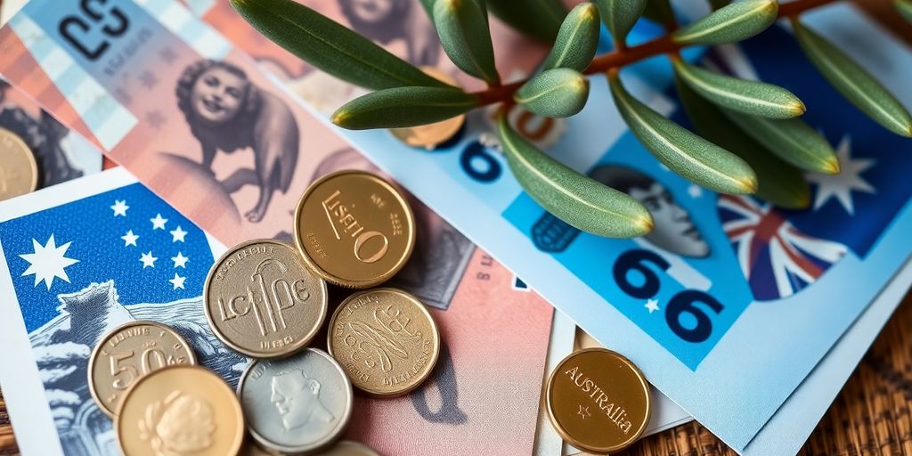 Australian coins and banknotes with a leafy branch.