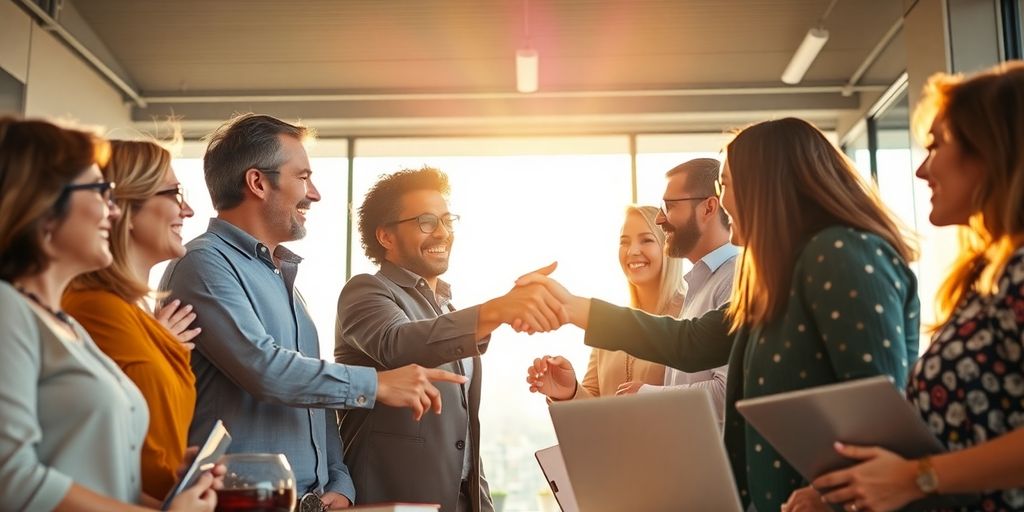 Diverse group of people smiling, shaking hands.