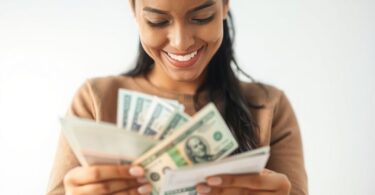 A person happily reviewing money and bills.