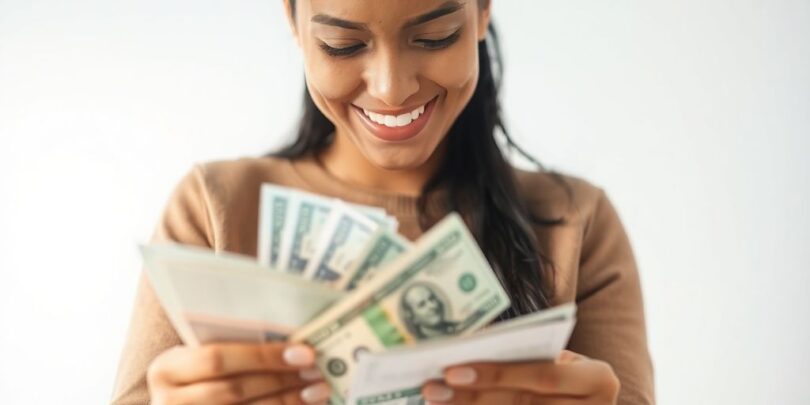 A person happily reviewing money and bills.