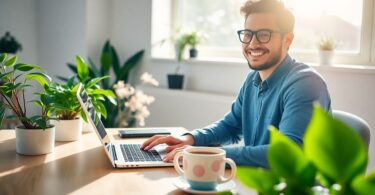 Person working on laptop at home with coffee.