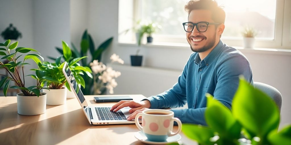 Person working on laptop at home with coffee.