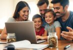 Happy Aussie family budgeting at home.