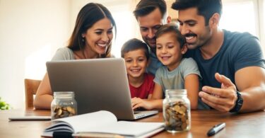 Happy Aussie family budgeting at home.