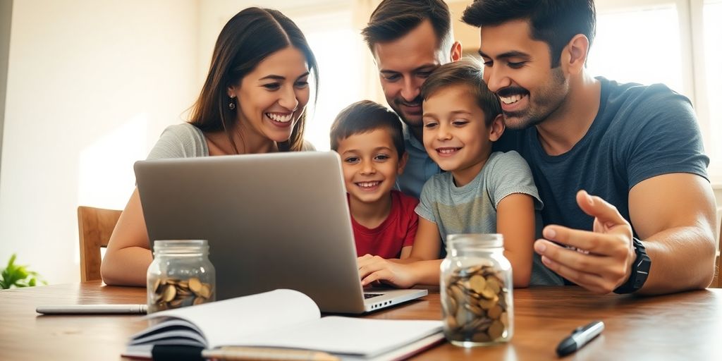 Happy Aussie family budgeting at home.