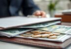 Sturdy budgeting folder, wads of cash, Aussie coins.