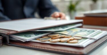 Sturdy budgeting folder, wads of cash, Aussie coins.