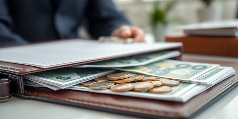 Sturdy budgeting folder, wads of cash, Aussie coins.
