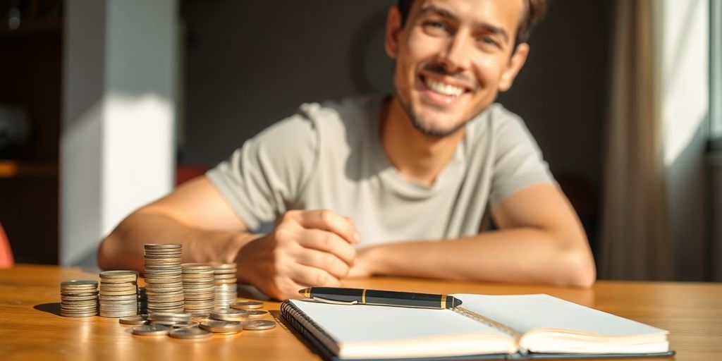 Aussie person happily budgeting, surrounded by coins.