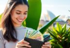 Person happily managing finances with Australian landmarks.