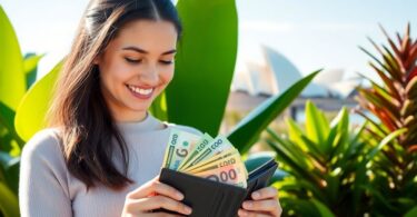 Person happily managing finances with Australian landmarks.