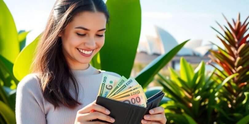 Person happily managing finances with Australian landmarks.