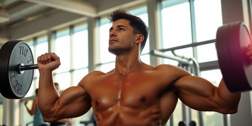 Bloke crushing weights, Manly gym, fair dinkum workout.