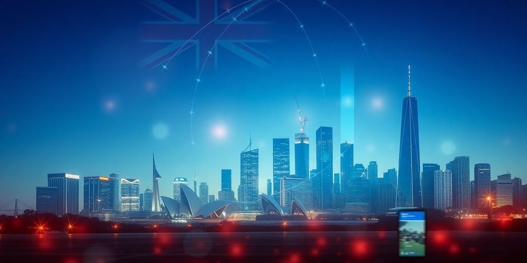 Australian landmarks with business icons.