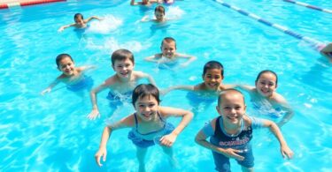 Kids happily swimming laps in a bright Brooklyn pool.