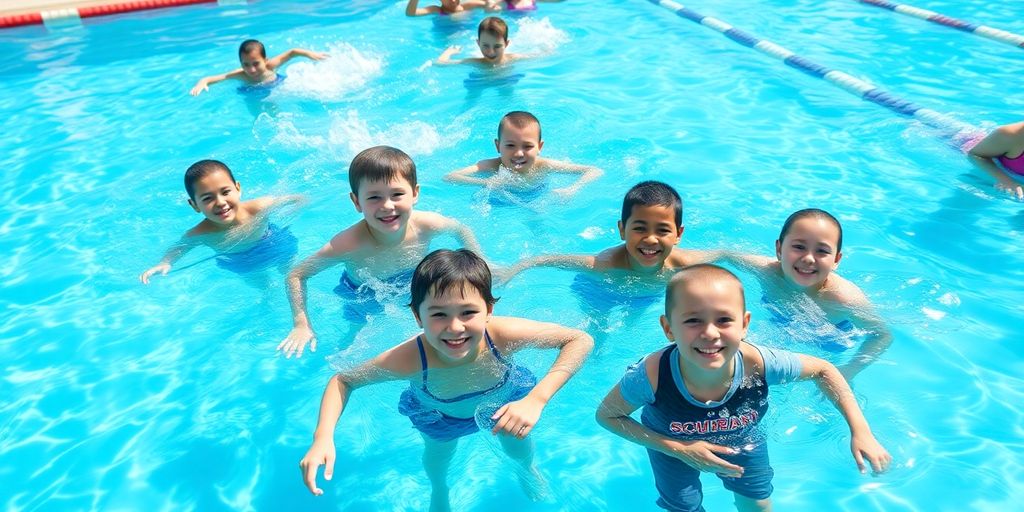 Kids happily swimming laps in a bright Brooklyn pool.