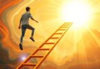 Person climbing a ladder toward a shining sun.