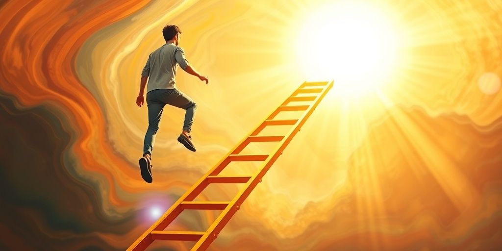 Person climbing a ladder toward a shining sun.