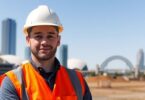 Worker with safety gear in Australian landscape