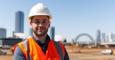Worker with safety gear in Australian landscape