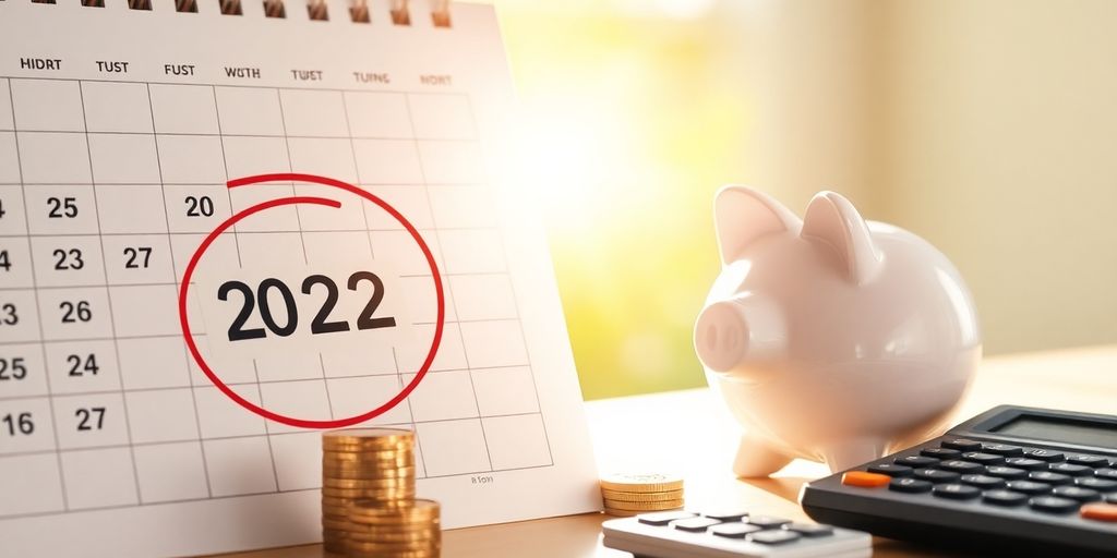 Calendar date circled, coins, piggy bank, calculator, sunlight.