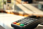 Australian business owner smiling at a payment terminal.