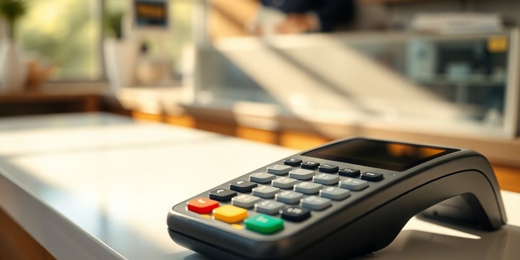 Australian business owner smiling at a payment terminal.