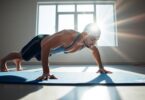 Swimmer performing bodyweight exercises on a mat.