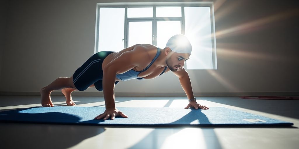 Swimmer performing bodyweight exercises on a mat.