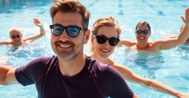 Adults swimming and smiling in a pool.
