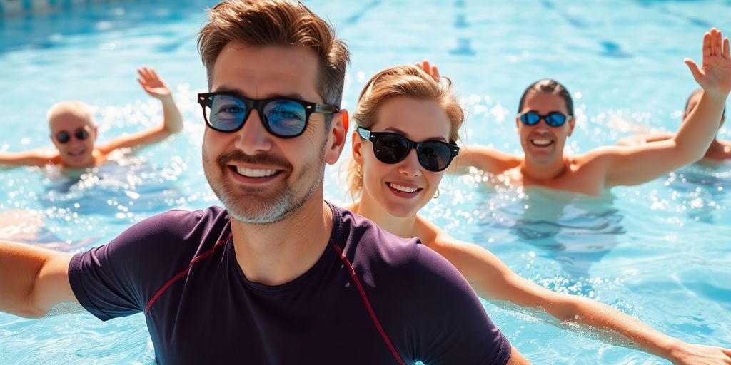 Adults swimming and smiling in a pool.
