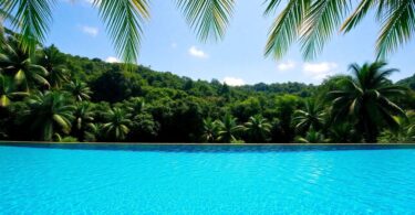 Serene infinity pool overlooking lush Balinese jungle.
