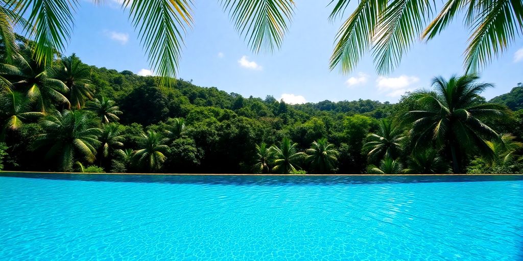 Serene infinity pool overlooking lush Balinese jungle.