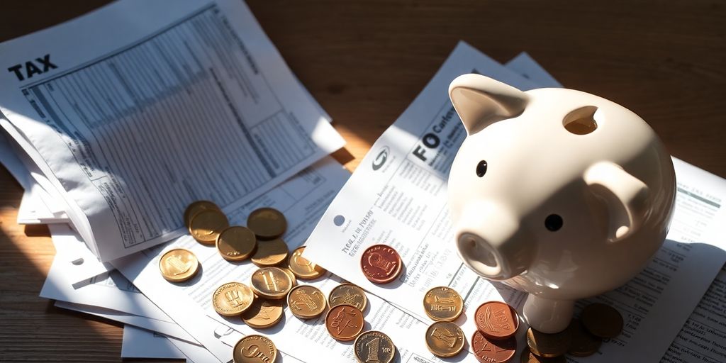Tax forms and piggy bank.