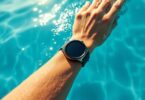 Swimmer wearing a sleek fitness watch mid-stroke.